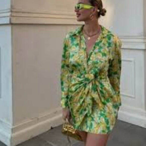 NWOT Zara Vibrant Green and Yellow Wrap Dress, Size XS - Picture 1 of 15